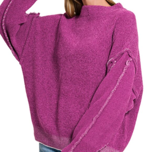 #301 Oversized Mock Neck Raw Seam Chenille Sweater - Picture 3 of 4